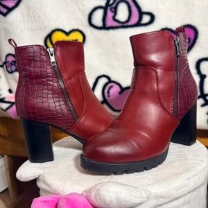 Women's Burgundy Croc-Accent Block Heel Ankle Boots
